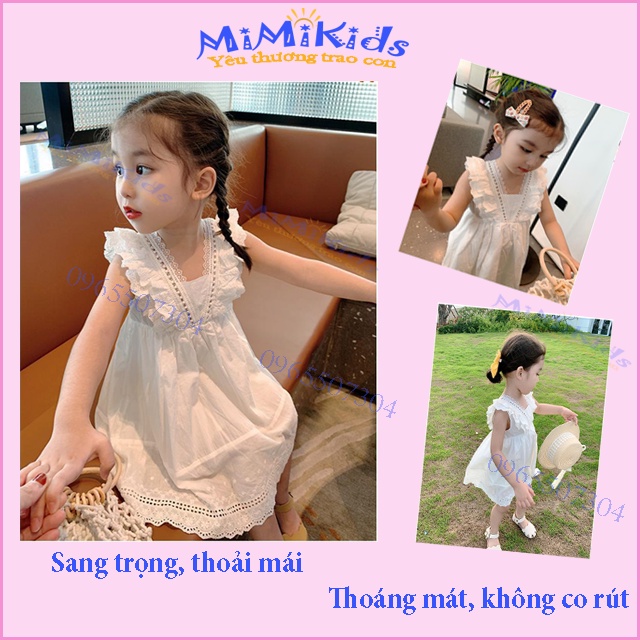 THANH LÝ Váy đầm đi biển/Đầm sát nách bé gái 1-6 tuổi, vải cotton thô màu trắng