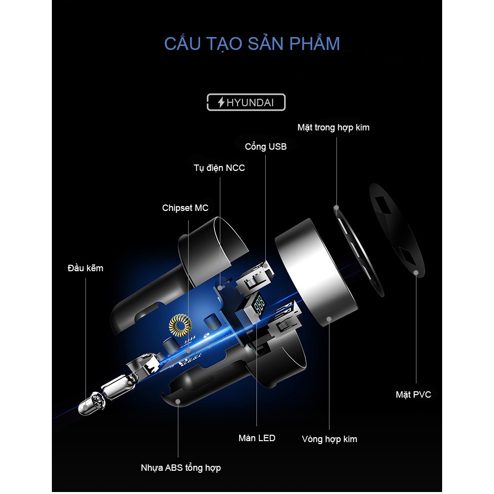 Bộ chia tẩu sạc ô tô, xe hơi 2 cổng sạc USB Hyundai HY-36 gc