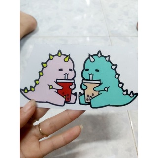 Combo 2 Tem Decal Khủng Long Uống Trà Sữa Dán Xe, Nón Giá Rẻ