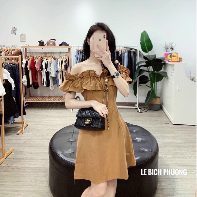 Váy trễ vai nâu tây phối bèo dáng xoè chữ A ngắn tiểu thư siêu xinh, Đầm dự tiệc bẹt vai chất thô mềm đẹp | BigBuy360 - bigbuy360.vn