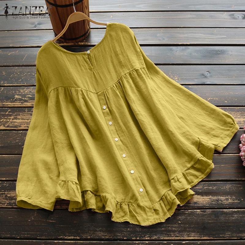 Áo kiểu tay dài cổ tròn xếp ly kiểu dáng thời trang dành cho nữ ZANZEA