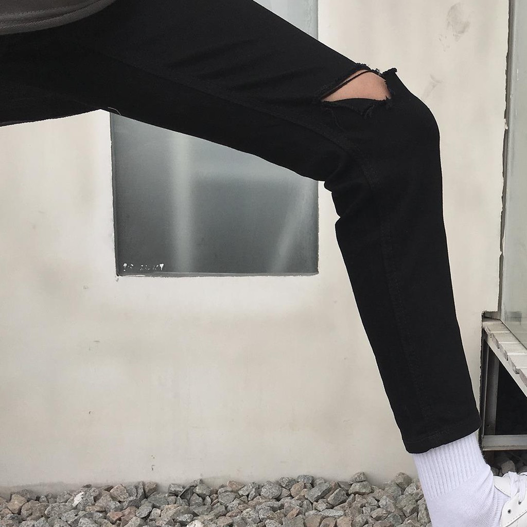 [Tiền Nào Của Đấy]Quần Jean Nam Rách Gối Màu Đen Vải Co Giãn, Không Phai Màu Dáng Skinny Phong Cách Hàn Quốc-J04