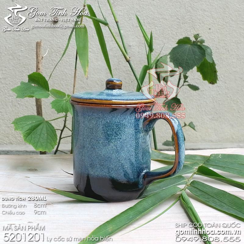 Ly cốc sứ có nắp men hỏa biến màu thiên thanh gốm sứ Bát Tràng cao cấp
