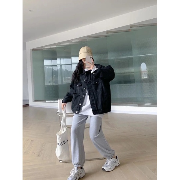 Áo Khoác Jean Dài Tay Màu Đen, Áo Denim Bò Có Cổ Cài Cúc Loại 1 Hàng Quảng Châu Phong Cách Ulzzang Cá Tính Basic