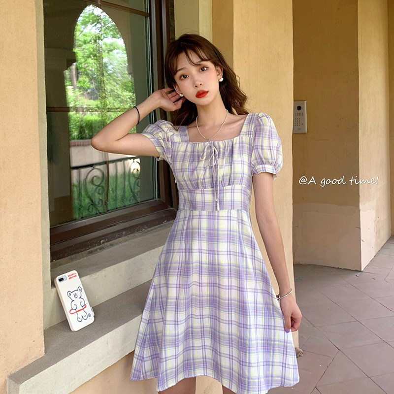 Đầm Chữ A Tay Phồng Cổ Vuông Phối Nơ Xinh Xắn Dành Cho Nữ 2021