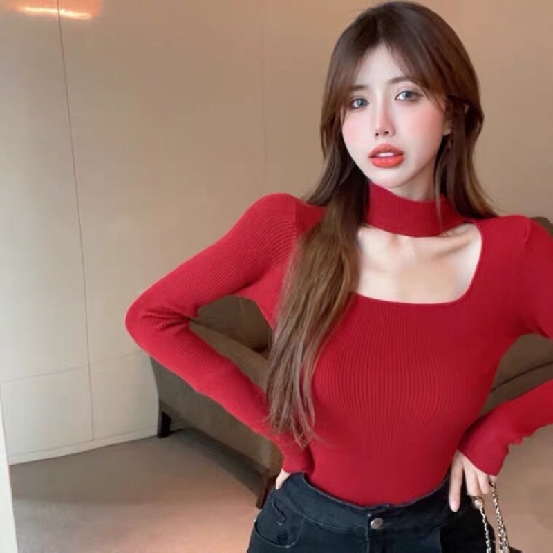 Áo thun croptop tay dài cổ lọ phối hở dáng ôm