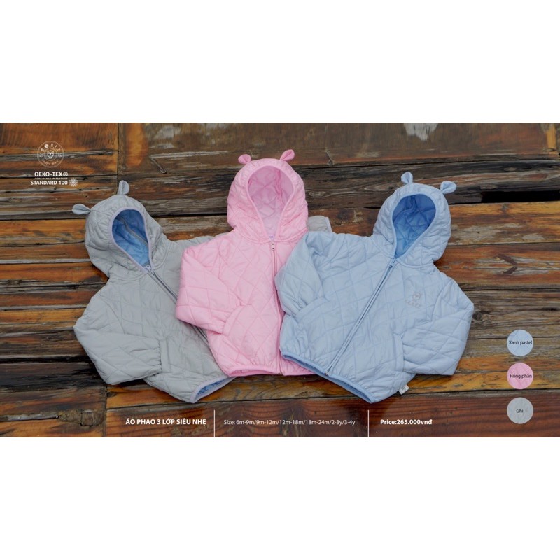 Giảm  20%HRNEE ! Áo phao 3 lớp siêu nhẹ cho cả bé trai và bé gái! Size 12-18 đến 3-4y, màu : xanh nhạt, Hồng và ghi.