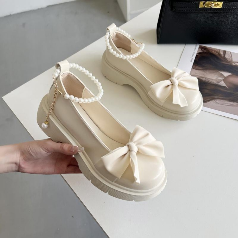 Giày MWC 2273 - Giày Lolita Nữ Quai Ngọc Mũi Đính Nơ, Giày Búp Bê Đế Cao Phong Cách Hàn Quốc