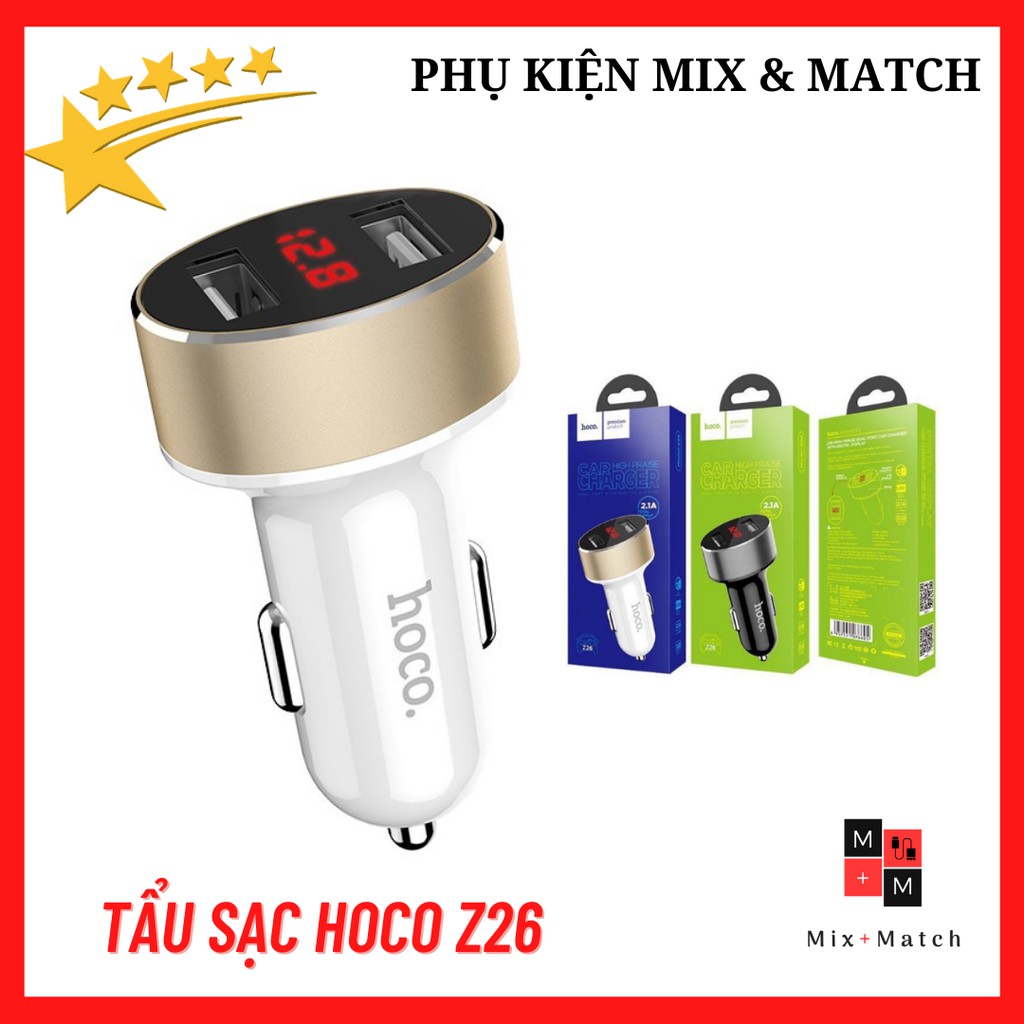 [Mã 2404EL10K giảm 10K đơn 20K] Tẩu sạc nhanh xe hơi chính hãng Hoco Z26 2 USB có đèn led