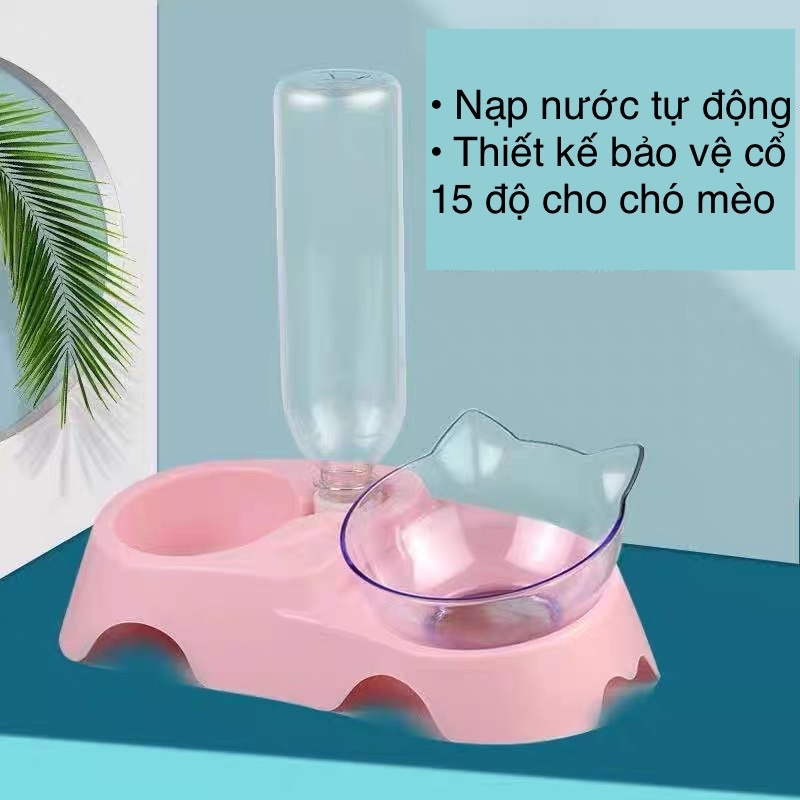 Bát / khay ăn kèm bình nước tự động chống gù lưng cho chó mèo