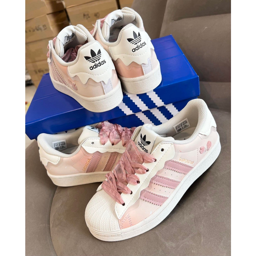 Giày thể thao sneaker das sò hồng sc mẫu mới 2022, super star hồng kem thêu hoa bản cao cấp ảnh thật