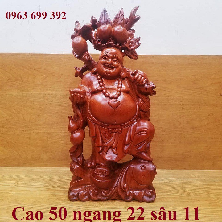 Tượng phật di lặc quẩy đào cưỡi cá chép gỗ hương