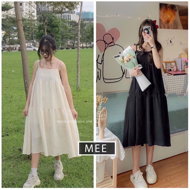 [ ảnh thật cuối ] Váy hai dây đũi nhăn nữ🌸Đầm Midi Trơn Dáng Xòe Dài 2s Bánh Bèo Ulzzang FREESHIP