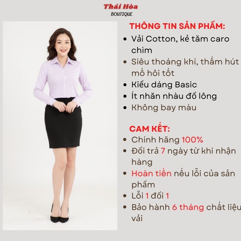 Áo sơ mi nữ màu tím dài tay công sở đẹp kẻ tăm caro chìm cotton Thái Hoà 631-11-01