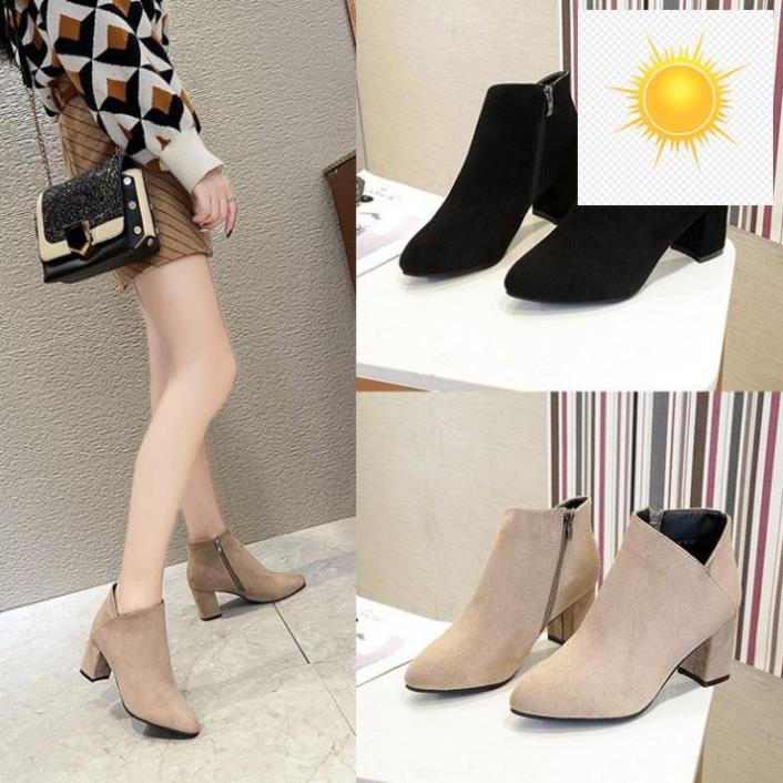 ️🥇️🥇 T10124 Boots da lộn cao 6 phân, mũi nhọn, gót vuông, cổ vát hàng Quảng Châu ️🥇