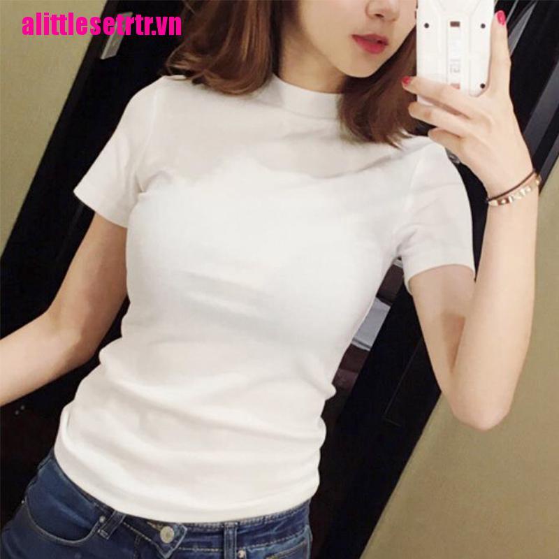 Áo thun tay ngắn dáng ôm cổ lọ phong cách thời trang mùa hè quyến rũ cho nữ