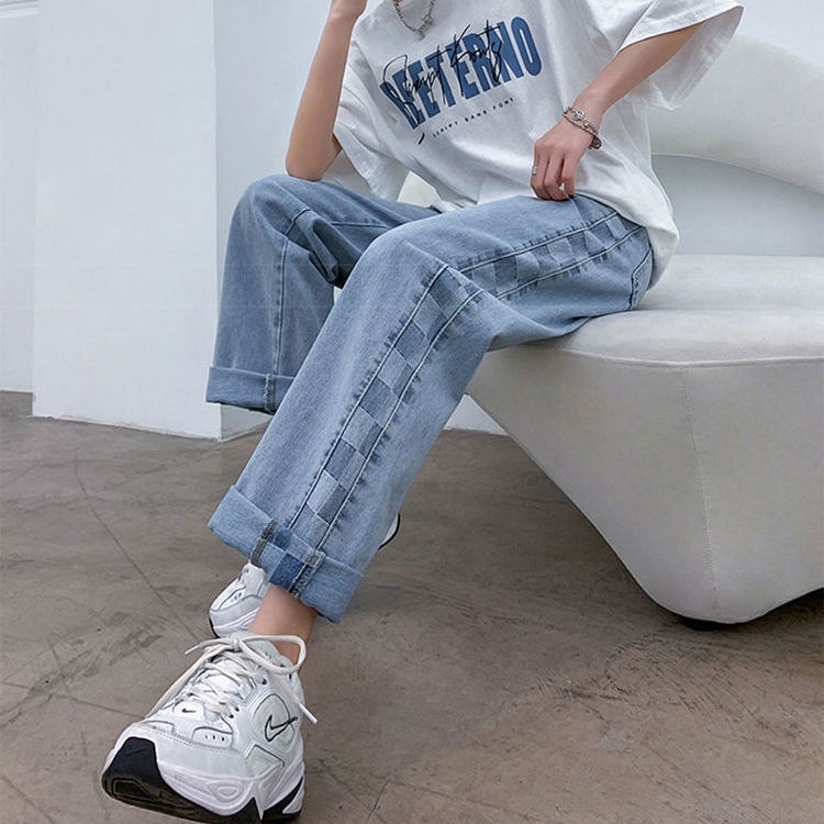 COZOK Quần Jean Ống Rộng Lưng Cao Họa Tiết Sọc Caro Năng Động Thời Trang