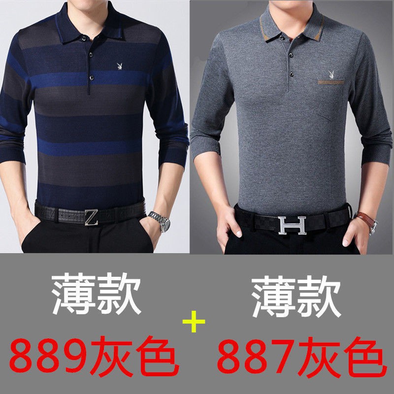 ❇∈♫ Mùa xuân và thu tuổi trung niên Cotton Long Sleeve T-Shire Lapel... áo thun của người cha cỡ lớn