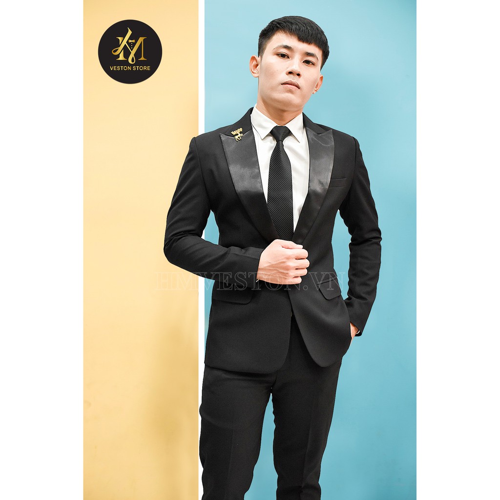Bộ vest nam màu đen phối ve phi đen cá tính kèm cà vạt nơ