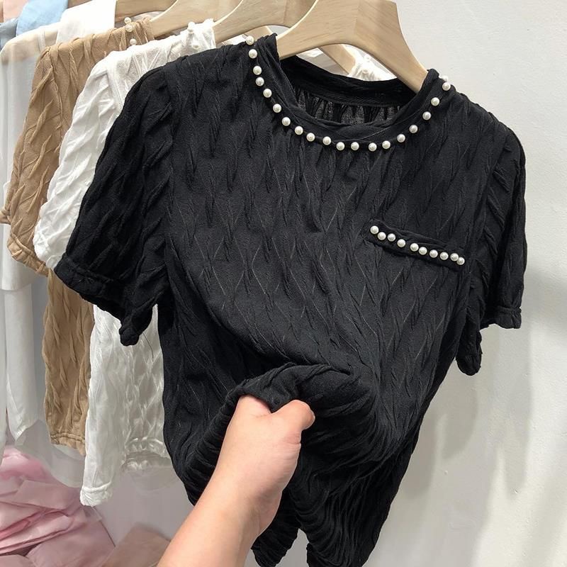 Áo sơ mi, áo phông cotton xốp có cổ đính ngọc trai bigsize 110kg