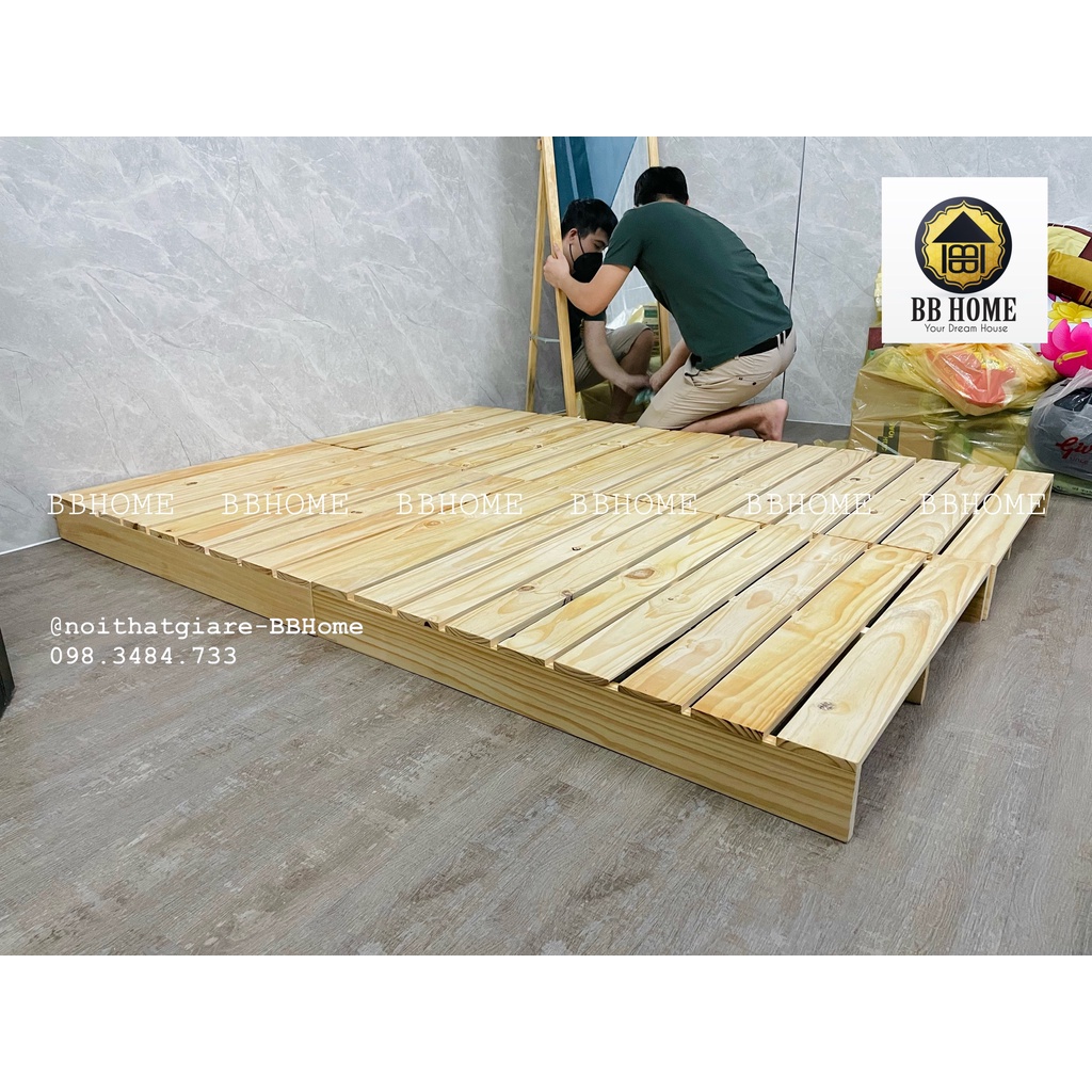 Giường pallet gỗ thông mới 100% BBHome - Sơn phủ PU,nan gỗ dày
