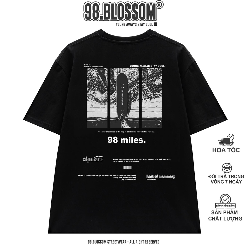 Áo thun tay lỡ Unisex 98Blossom "98 Miles tee - Lost way" Black,100% Cotton - Local Brand chính hãng
