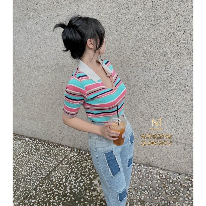 ÁO LEN KẺ CỔ POLO CHẤT LEN MONGTOGHI CO GIÃN DÁNG ÔM GỌN MS12556