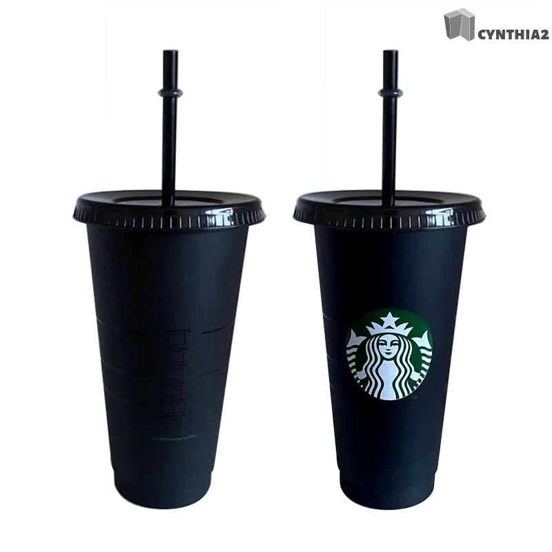 Pure Black Starbucks Plastic Cold Drink Straw Cup Coffee Cup Reusable Starbucks Color Changing Cold Cups Plastic Tumbler with Lid black Cup  PP , Eco-friendly ; Non-toxic ;Durable in using Reusable, with Straw, Drinks Mug {cynt}