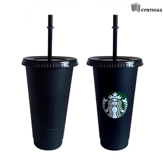 Cốc nhựa Starbucks 710ml màu đen trơn có nắp đậy và ống hút tái sử dụng được