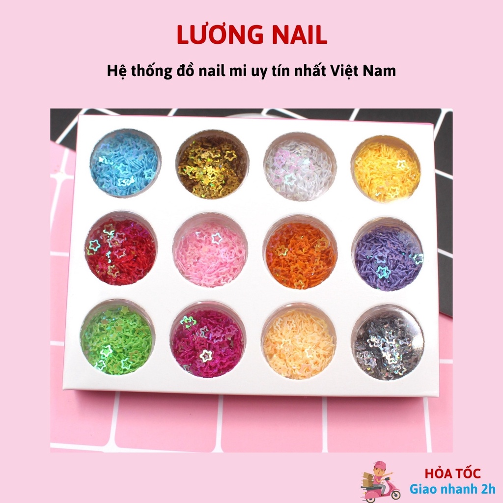 Nhũ trang trí nail set 12 ô các loại-nhũ rắc mịn/nhũ chữ cái/nhũ hạt gạo/giấy nhún/nhũ sợi kim tuyến