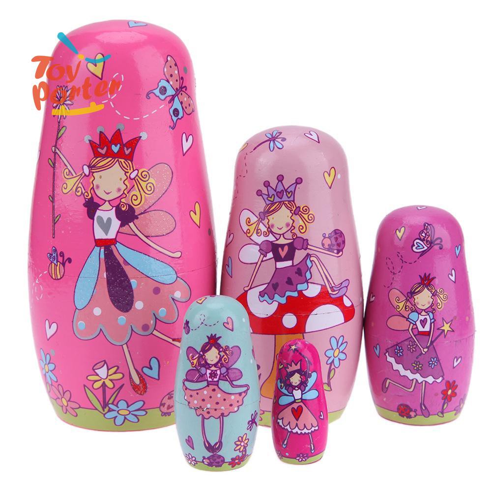 Set 5 búp bê Nga Matryoshka làm từ gỗ đoạn màu hồng độc đáo