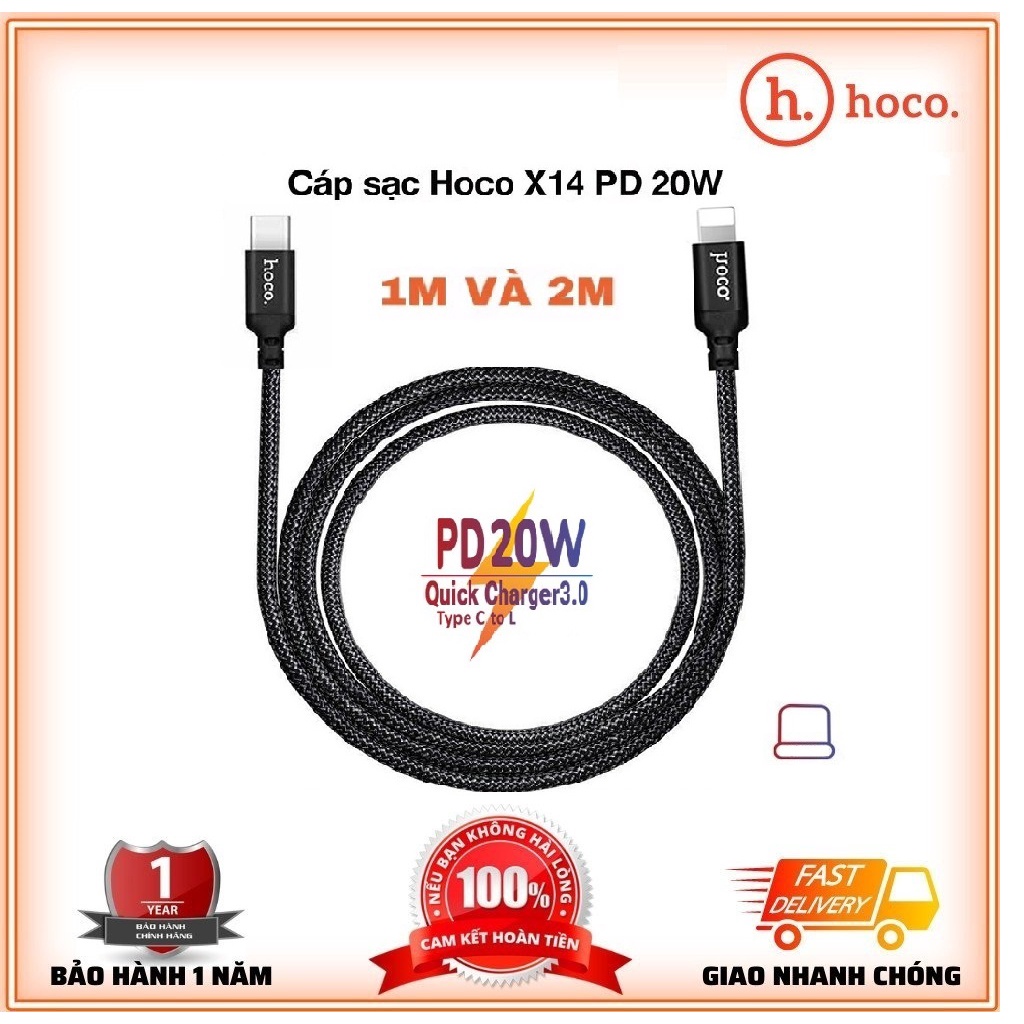 Cáp Sạc Hoco X14 PD 20W Type-C to Dây Sạc Nhanh IPPD Dây Dù Chống Gãy,Chống Đứt Dài 1M/2M - BH 12T