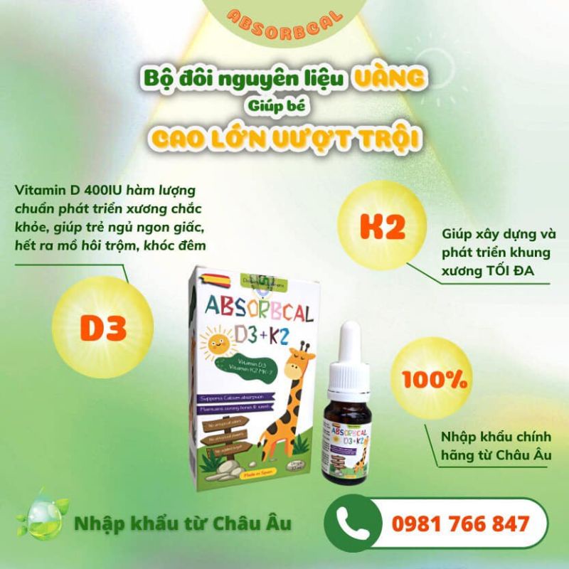 ABSORBCAL D3+K2 10ml bổ sung vitamin D3 K2 Mk7 giúp bé hấp thu Canxi cao khỏe, thông minh nhập khẩu Tây Ban Nha