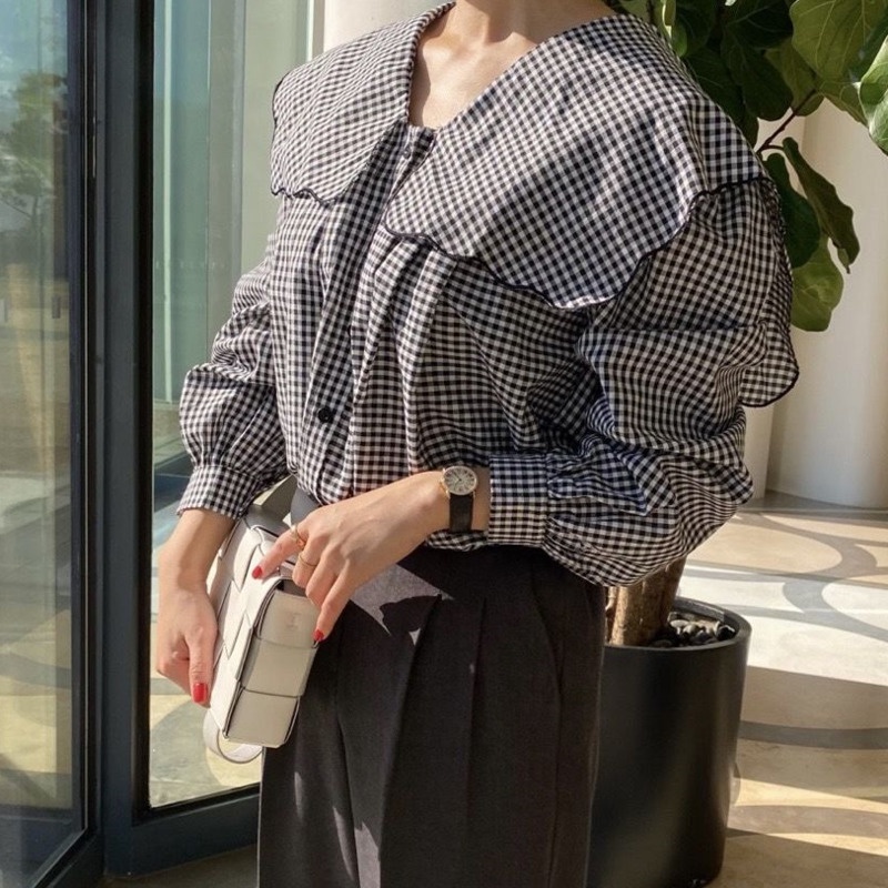 Áo Sơ Mi Tay Dài Họa Tiết Sọc Caro Phong Cách Hàn Quốc 198525 Áo Sơ Mi Dáng Rộng Cổ Bẻ Màu Xanh Navy Thời Trang Cho Tuổi Trung Niên