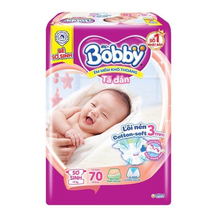 Bĩm dán bobby,tã dán sơ sinh siêu thấm bobby đủ size xs70 s56 s80  tặng kèm thêm miếng mẫu mới lõi nén thần kỳ