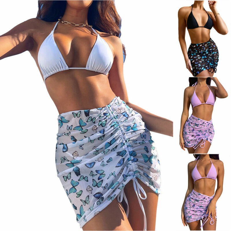 Bộ Đồ Bơi Bikini 3 Mảnh Lưng Cao Phối Lưới In Họa Tiết Hoa Quyến Rũ Cho Nữ