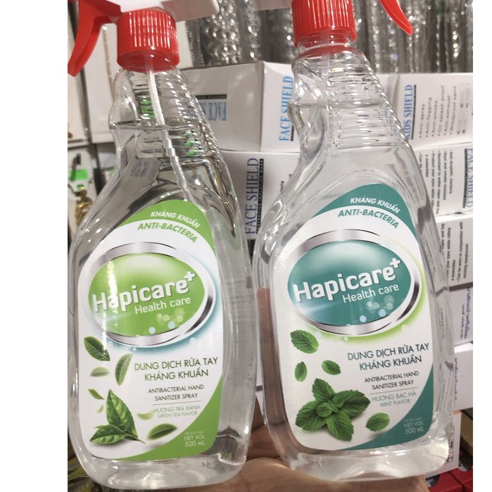 NƯỚC RỬA TAY SÁT KHUẨN Happy Care hương TRÀ XANH hương Bạc Hà chai 500ml có vòi xịt