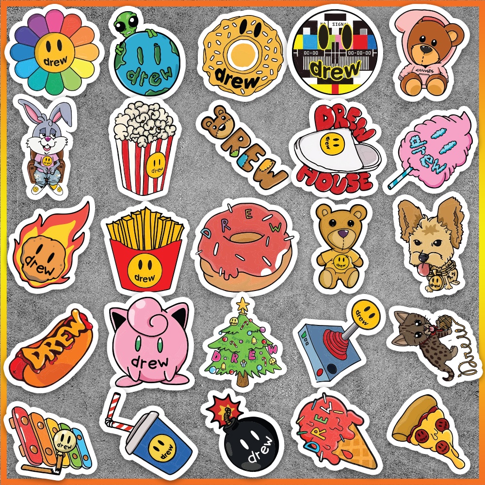 Set 50 cái Sticker Drew chống nước, Hình dán Drew House cute, Decal Drew dán vali, điện thoại, laptop