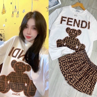 Set bộ áo phông quần đùi fendi gấu nâu mềm mịn cực co giãn bầu bí bon chen thoải mái