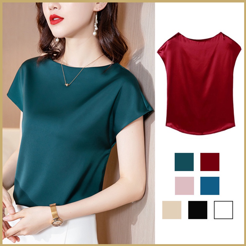 Áo Sơ Mi Tay Ngắn Cổ Tròn Bằng Lụa Satin 6 Màu Thời Trang Mùa Hè Cho Nữ
