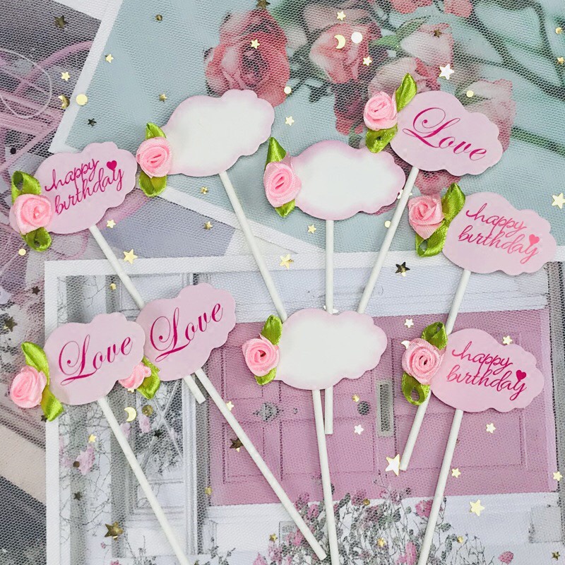 Trang trí bánh sinh nhật bánh kem - Mẫu thẻ giấy mới nhất 2022 set 3 thẻ cắm mây hoa hồng love