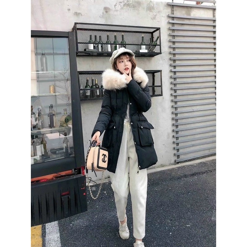 Áo phao dáng dài rút eo