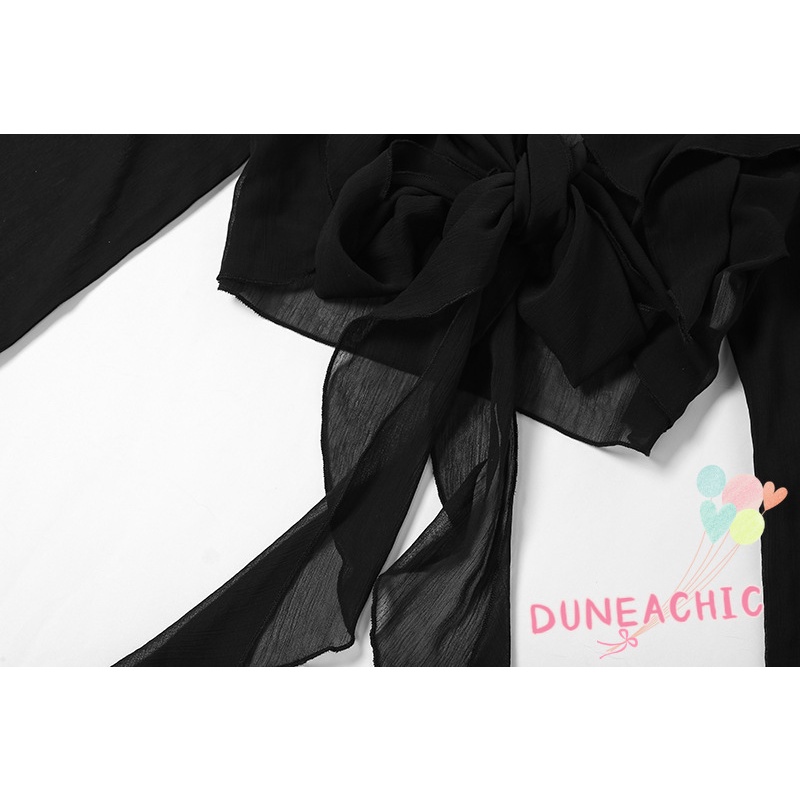 DUNEA Áo Croptop Tay Dài Phối Lưới Phong Cách Quyến Rũ Cho Nữ