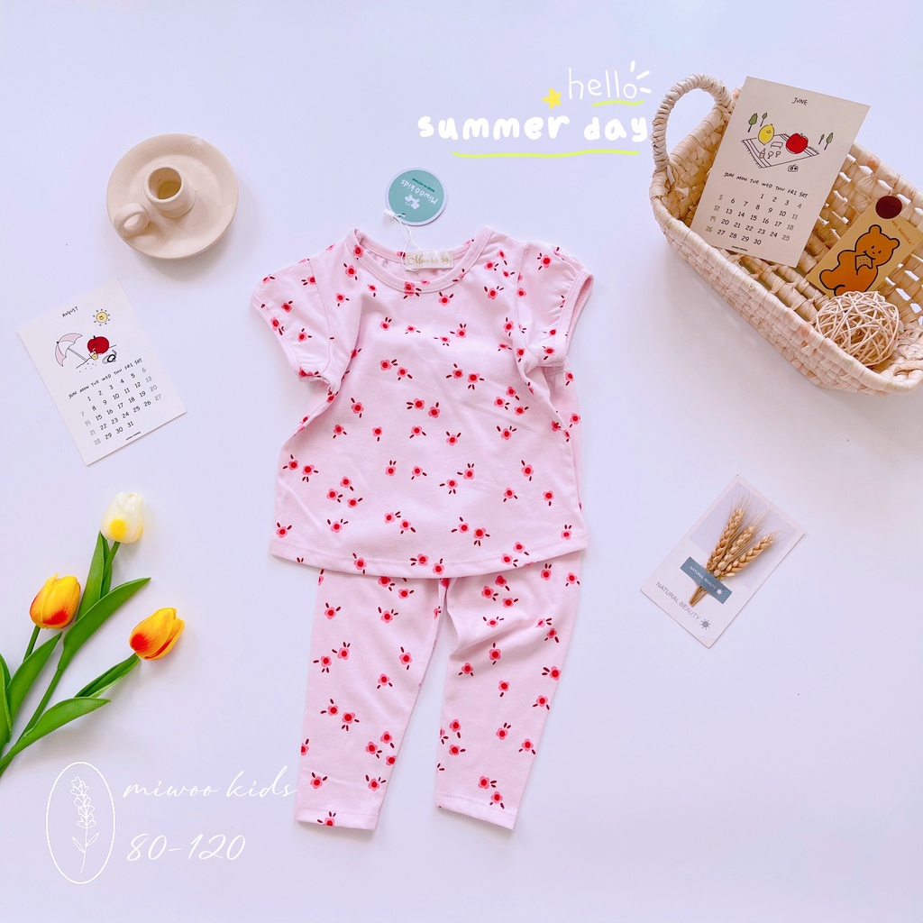 Bộ áo cộc quần dài tay bồng chất cotton Miwoo kids cho bé gái