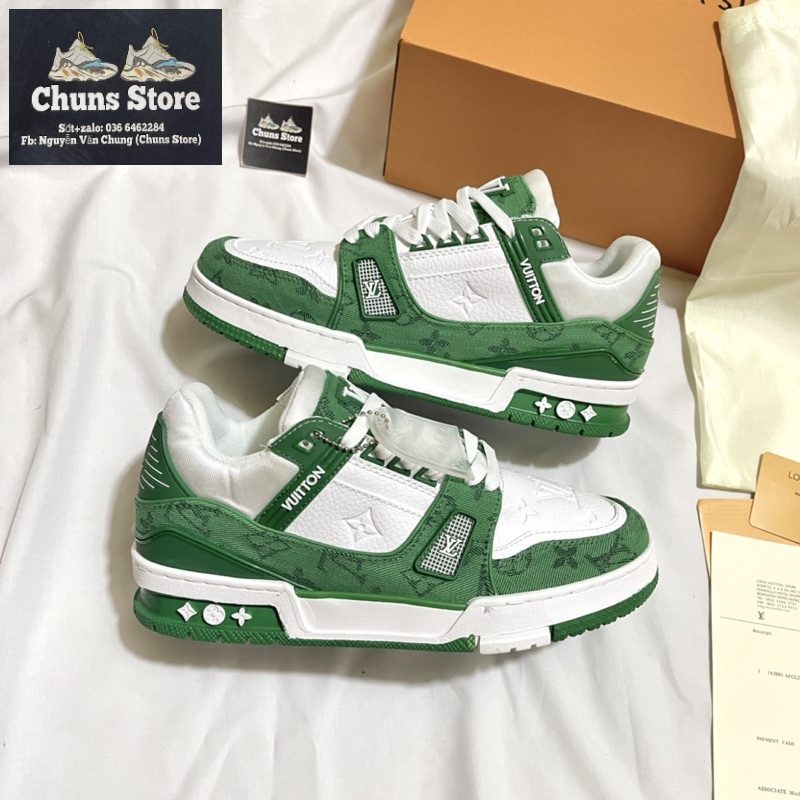 giày LV xanh lá trắng bản sc lót hoa, giày louis vuitton xanh green cao cấp