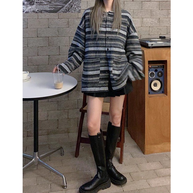LEEVA - Áo khoác cardigan nữ phối sọc cổ tròn vải tweed dệt dày dặn K036