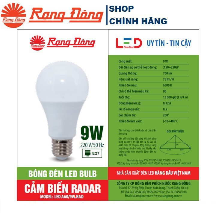 Bóng Đèn LED Bulb Rạng Đông Cảm Biến Radar A60N3/9W & TR70.RAD 15W