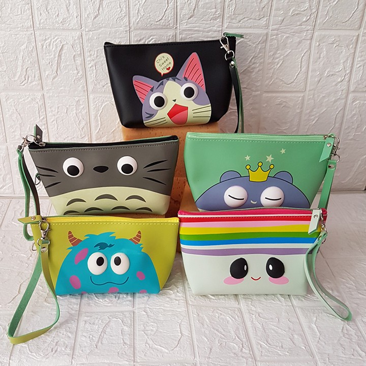 HCM - Túi đựng mỹ phẩm vải chống thấm họa tiết 3D nổi độc đáo Totoro mèo Chii Doremon