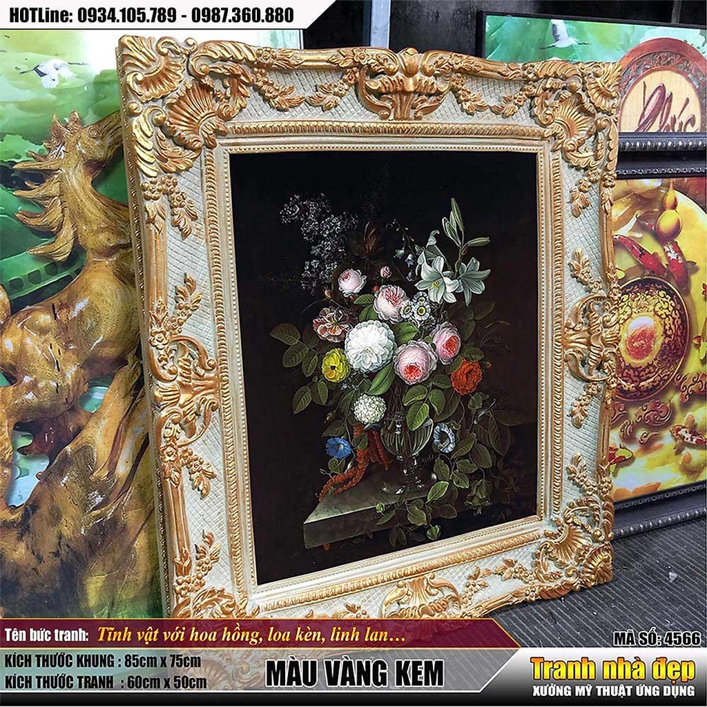 Tranh châu âu cổ điển khung đúc. Bức tranh "hoa hồng, loa kèn, linh lan ". KT 85x75cm.