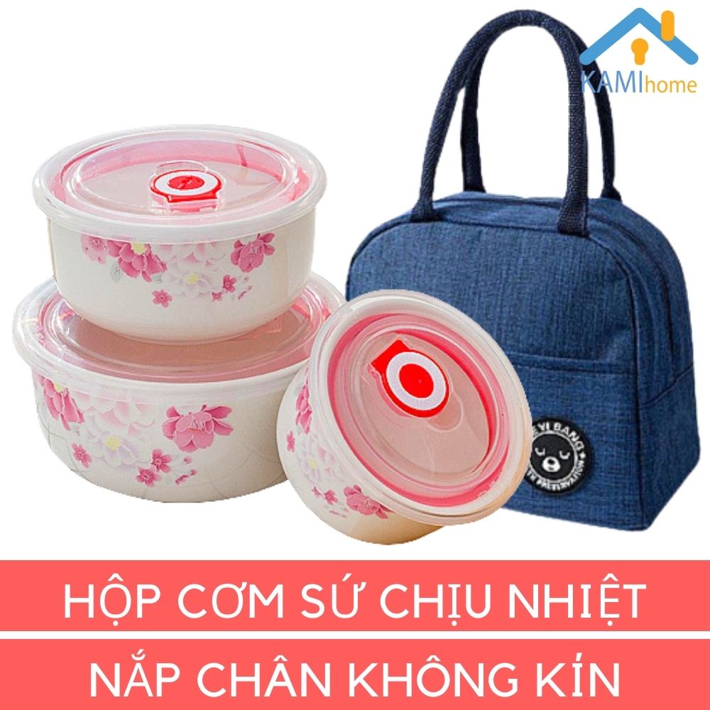 Hộp đựng cơm văn phòng gồm 3 bát Sứ chịu nhiệt-kiêm Hộp bảo quản thực phẩm Kami20020